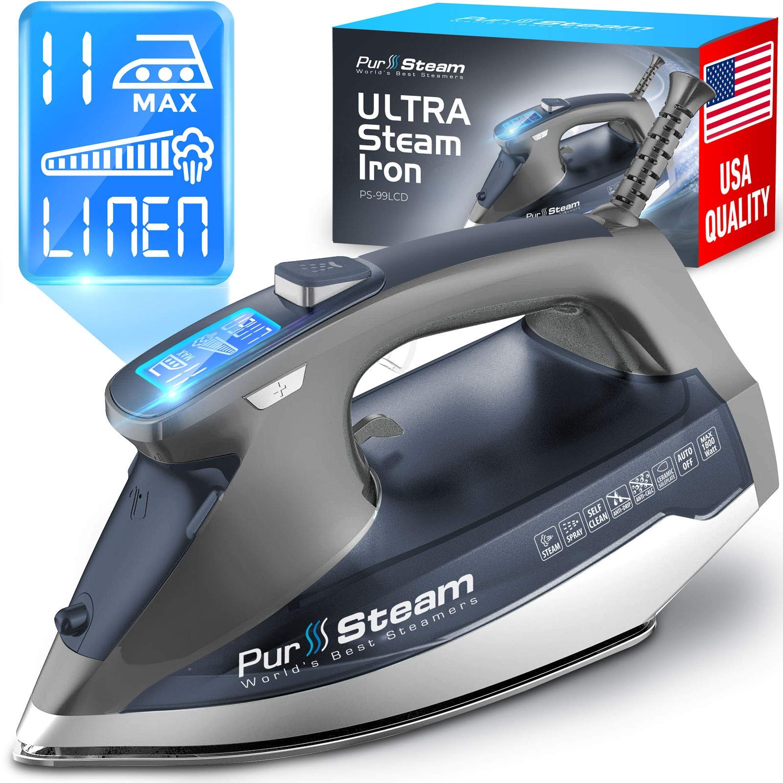 PurSteam Professional Grade 1800-Watt Steam Iron with Digital LCD Screen, 3-Way Auto-Off, Double-Layer Ceramic Soleplate, Axial Aligned Steam Holes, Self-Clean with 11 Preset Steam & Temp Settings