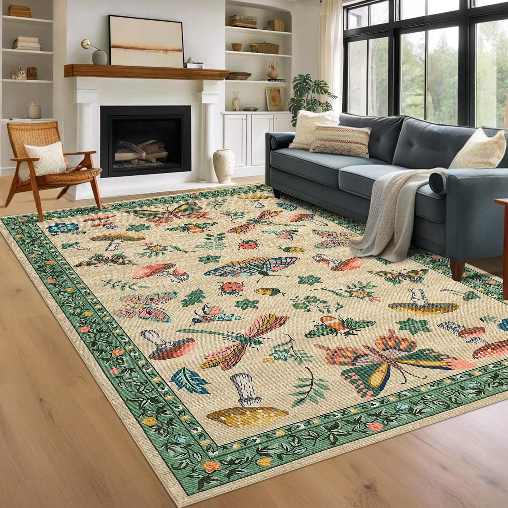 Mushroom Insect 8x10 Area Rugs, Washable Rugs for Living Room Non Slip Stain Resistant Low Pile Modern Butterfly Carpet for Bedroom Dining Room Nursery Playroom Office, Khaki Green Image