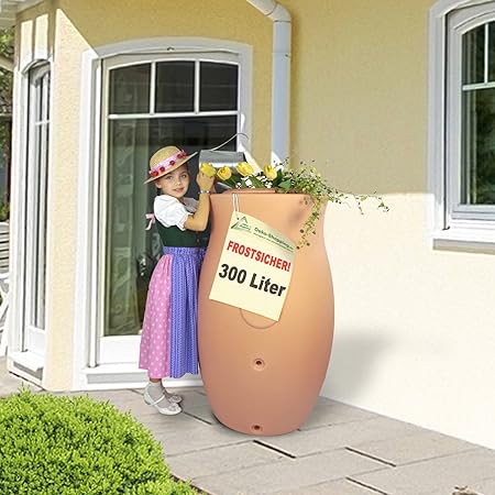 Regentonne Regenfass Amphore Maja 300l terrakotta mit Füllstandsschlauch Regensammler mit Pflanzschale Regenwassertank Regenw