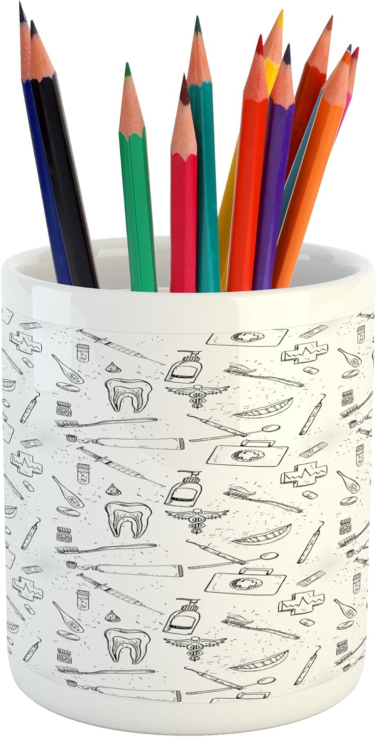 Ambesonne Hipster Pencil Pen Holder, Hand Drawn Style Pattern with Dental Hygiene Theme Teeth Care Cleaning, Ceramic Pencil Holder for Desk Office Accessory, 3.6" X 3.2", Grey White