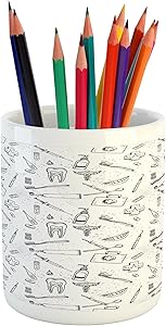 Ambesonne Hipster Pencil Pen Holder, Hand Drawn Style Pattern with Dental Hygiene Theme Teeth Care Cleaning, Ceramic Pencil Holder for Desk Office Accessory, 3.6" X 3.2", Grey White