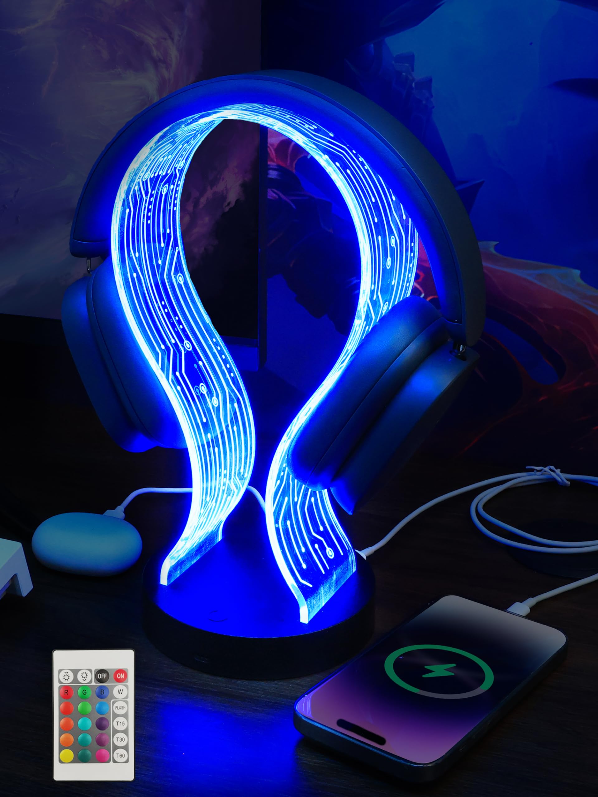 YuanDian RGB Headphone Stand with 1 USB Charging Port and 1 Type-C Charging Ports, Desk Gaming Headset Holder with 16 Changing Colors by Remote, Gift for Gamers Men and Music Lovers