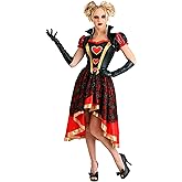 Women's Dark Queen of Hearts Halloween Costume Satin Dress with Lace Overlay Bolero Jacket Gloves