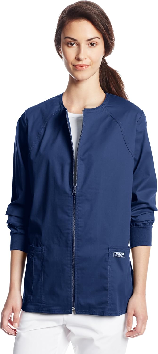 CHEROKEE Women's Workwear Core Stretch Warm Up Scrubs Jacket, Navy, X-Large: Medical Scrubs Jackets: Clothing