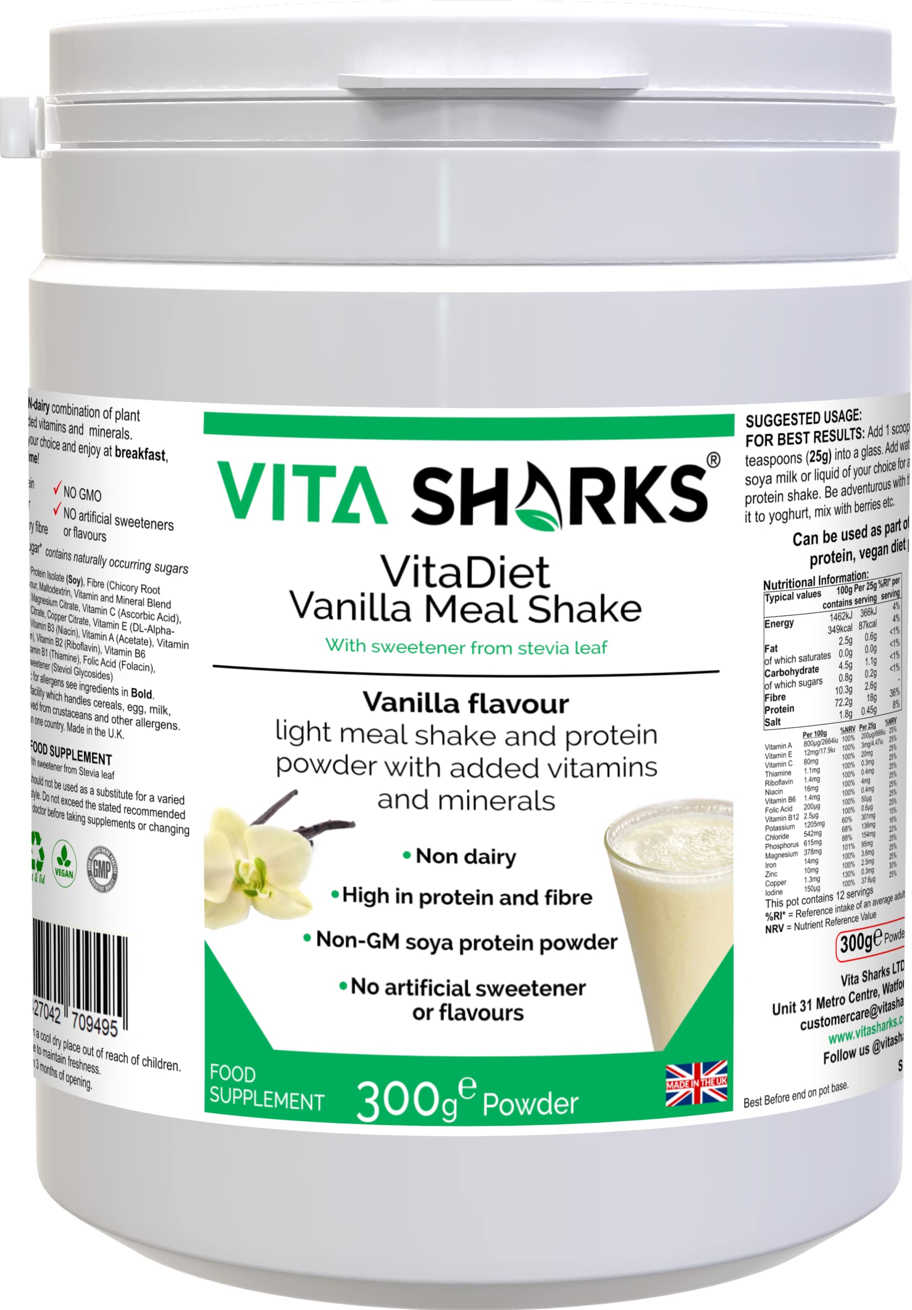 VitaDiet Vanilla Meal Shake the High Protein & Fibre Drink for Keep Fit Work Outs, Dieting, Immune Support, Weight Loss, Appetite Gym & Slimming; with Vitamin C - Dairy-Free, Gluten-Free
