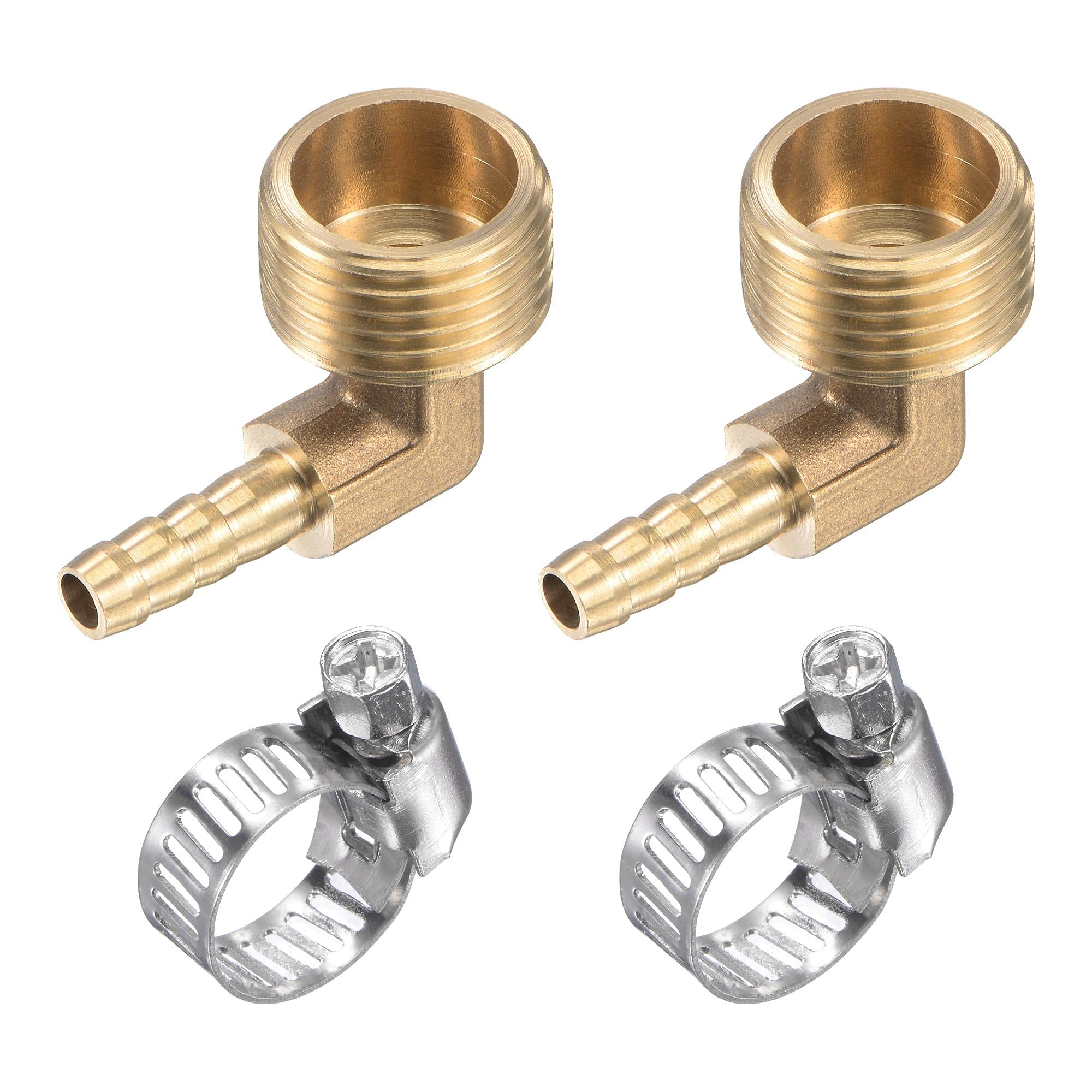 sourcing map Brass Hose Barb Fitting Elbow 6mm x G1/2 Male Thread Right Angle Pipe Connector with Stainless Steel Hose Clamp, Pack of 2