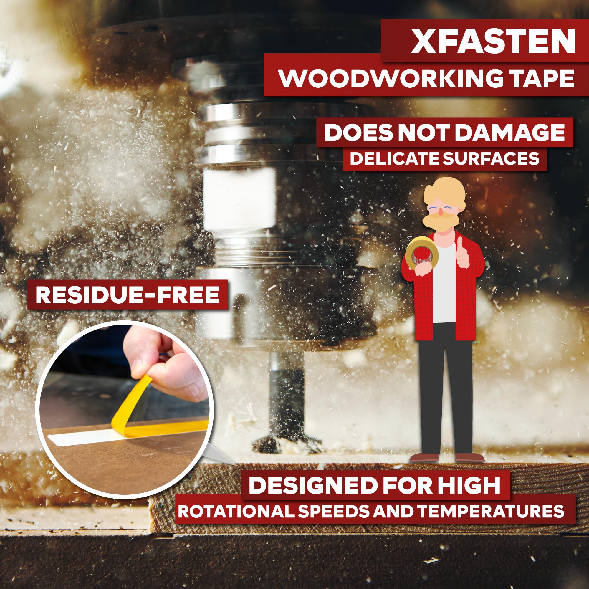 XFasten Double Sided Woodworking Tape 1 Inch x 108 Feet (3-Pack), Residue-Free, Removable Double Sided Woodworking Masking Tape for Wood Template, Mounting Boards MDF Edge Banding, Routing, Anchoring
