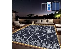 CAPYBLAND 8x10Ft Outdoor Rug, Solar Powered Outdoor Rug with 113LEDs Strip Lights, Waterproof Plastic Reversible Outdoor Straw Rugs, Rugs Mat for House Deck RV Camping Patio Beach Balcony Picnic (Blue White)