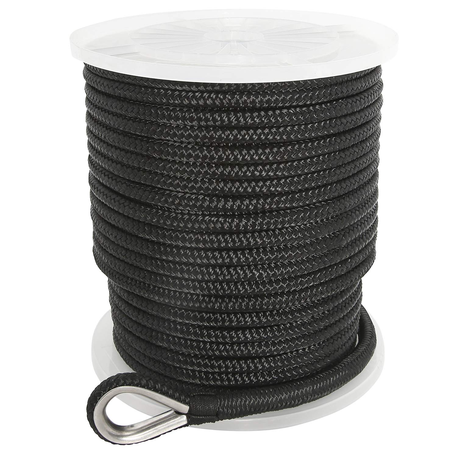 Photo 1 of NovelBee 3/8 Inch X 200 Feet Double Braid Nylon Anchor Line with Stainless Steel Thimble and Plastic Chuck (Black)
