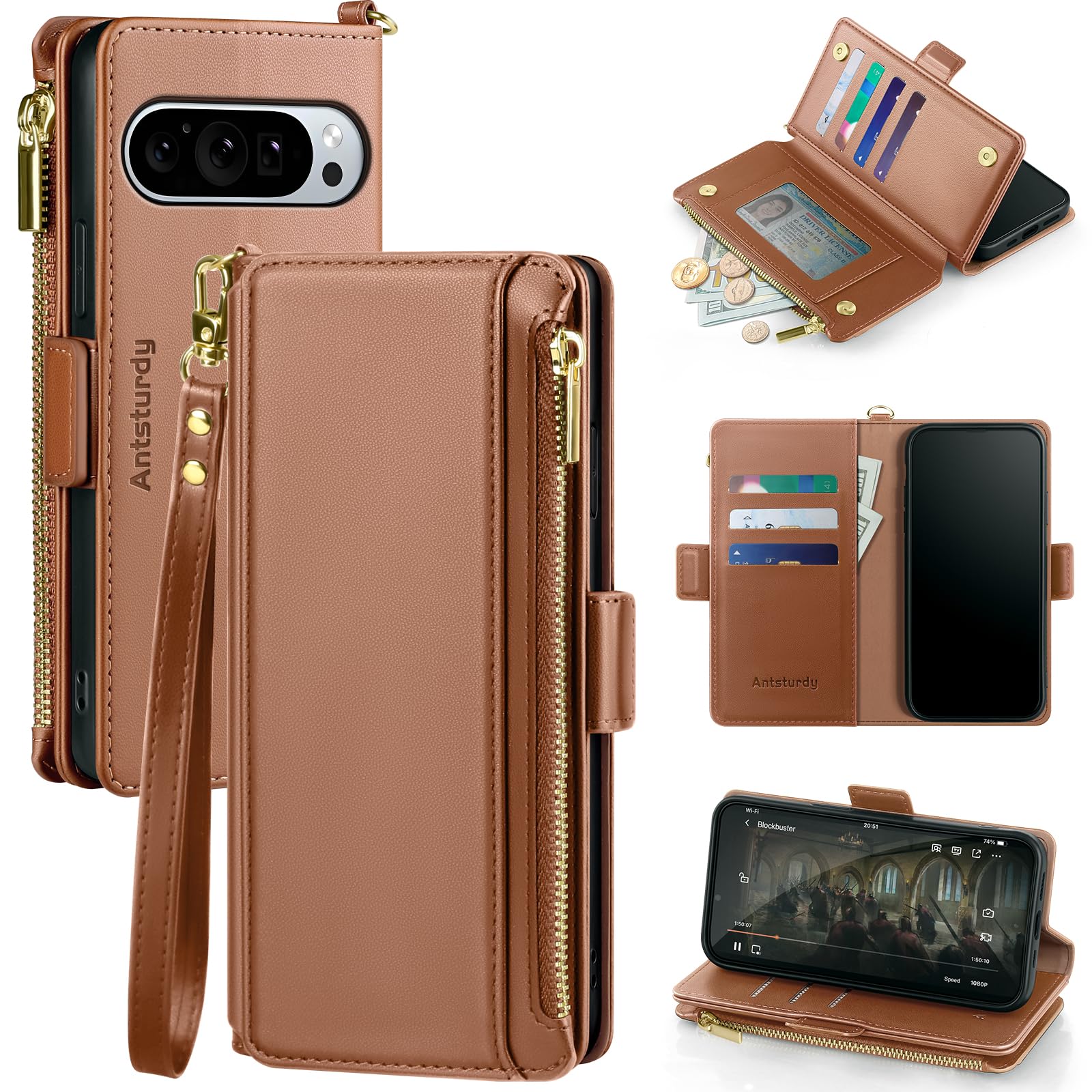 Antsturdy Compatible with Google Pixel 10/ Pixel 10 Pro Wallet Case with Card Holder Women Men Phone Case RFID Blocking PU Leather Flip Cover Wrist Strap Zipper Credit Card Slots,Light Brown