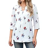 WLLW Womens Floral Printed 3/4 Sleeve Blouses Summer Pleated Front Tunic Tops V Neck Loose Fit Flowy Shirts