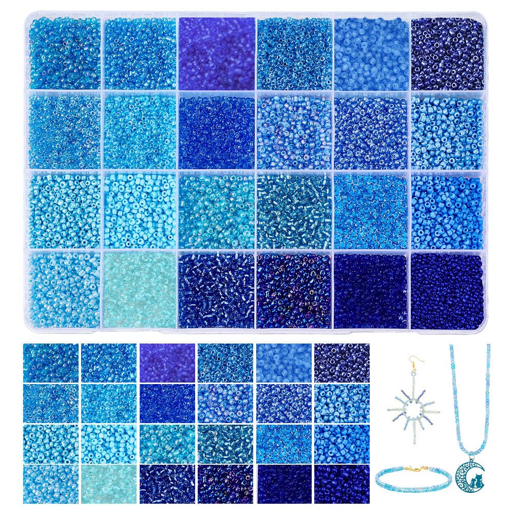 PH PandaHall 24000pcs 2mm Blue Glass Seed Beads 24 Colors 12/0 Waist Bead Mini Friendship Bracelet Bead Tiny Craft Beads for Jewellery Making Summer Decor DIY Bracelet Necklace Earrings