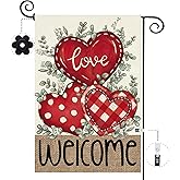 Baccessor Valentine's Day Welcome Garden Flag 12.5x18 Inch Double Sided, Red Plaid Check Polka-dot Love Hearts Flag Anniversary Wedding Holiday Yard Lawn Outdoor Outside Decoration