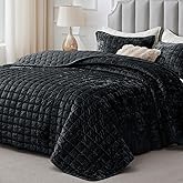 BEDELITE Velvet Quilt Set King Size - Luxury Velvet Comforter Bedding Set 3 Pieces, Soft Cozy Shiny Black Oversized Bedspread Coverlet for All Seasons with 2 Pillow Shams