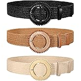 TRIWORKS 3 Pack Straw Woven Stretch Belt for Women,Raffia Elastic Belt for Dress Wide Boho Waist Belt with Round Buckle