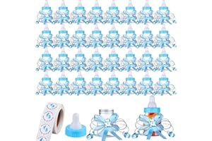 PINKXHY 62 Pcs 3.5 Inch Baby Mini Milk Bottle Baby Shower Favor with 500 Adhesive Thank You for Showering Stickers, Small Plastic Bear Candy Bottle with Ribbon for Boy Girl Newborn Baptism Party Decor (Blue)