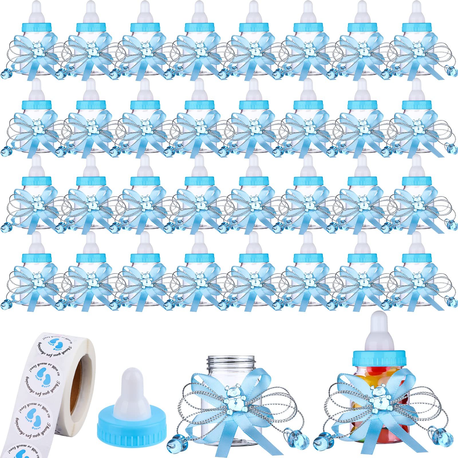 Photo 1 of 62 Pcs 3.5 Inch Baby Mini Milk Bottle Baby Shower Favor with 500 Adhesive Thank You for Showering Stickers, Small Plastic Bear Candy Bottle with Ribbon for Boy Girl Newborn Baptism Party Decor (Blue)