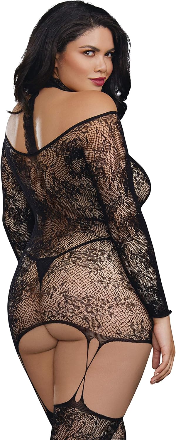 Dreamgirl Women's Plus Lace Patterned Knit Garter Dress with Stockings, Black, One Size - Queen: Clothing