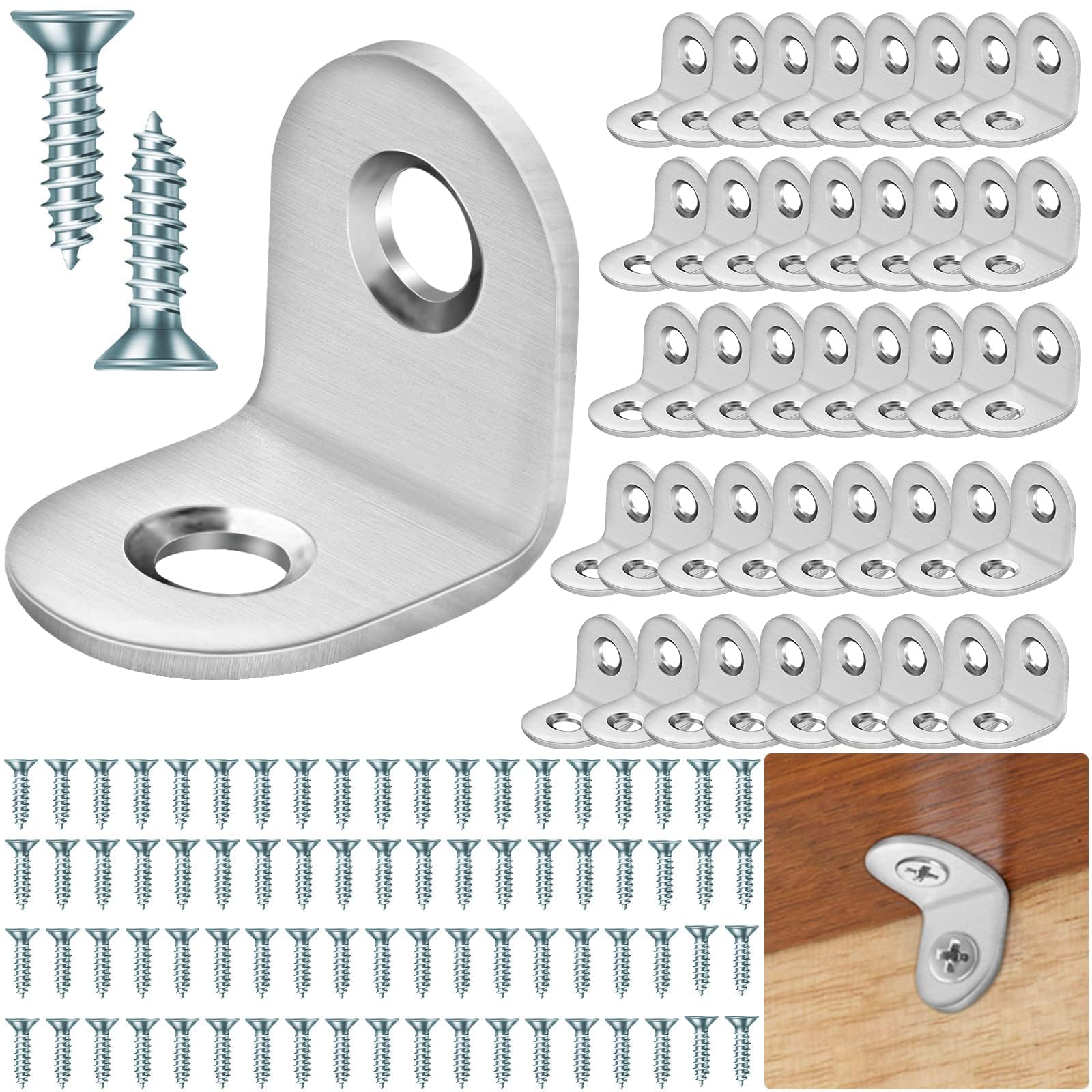 Lonely High Heels 40pcs L Brackets Wood Corner 90 Degree Right Angle Stainless Steel Joint Fastener w/ Screws for Shelves Furniture Cabinet (20MM), Silver