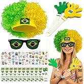 Peledic 2026 Soccer Patriotic Set, Brazil Flag Color Wig, Party Glasses, 2Pcs Hand Clappers, 22Pcs Waterproof Stickers, Ideal Gift for Football Lovers and Brazil Fans
