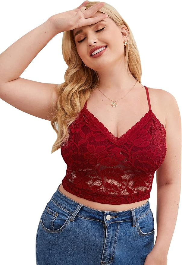 SheIn Women's Plus Size Floral Lace Longline Bralette V Neck Sleeveless Crop Cami Tops: Amazon 