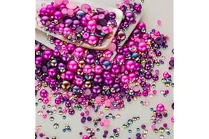 MYYKO 60g Pink Purple Flat Back Pearls Rhinestones for Crafts Mixed Size 3mm-10mm AB Color Round Half Pearls Flatback Pearl Beads and Resin Rhinestones Set for Face Art with Glue