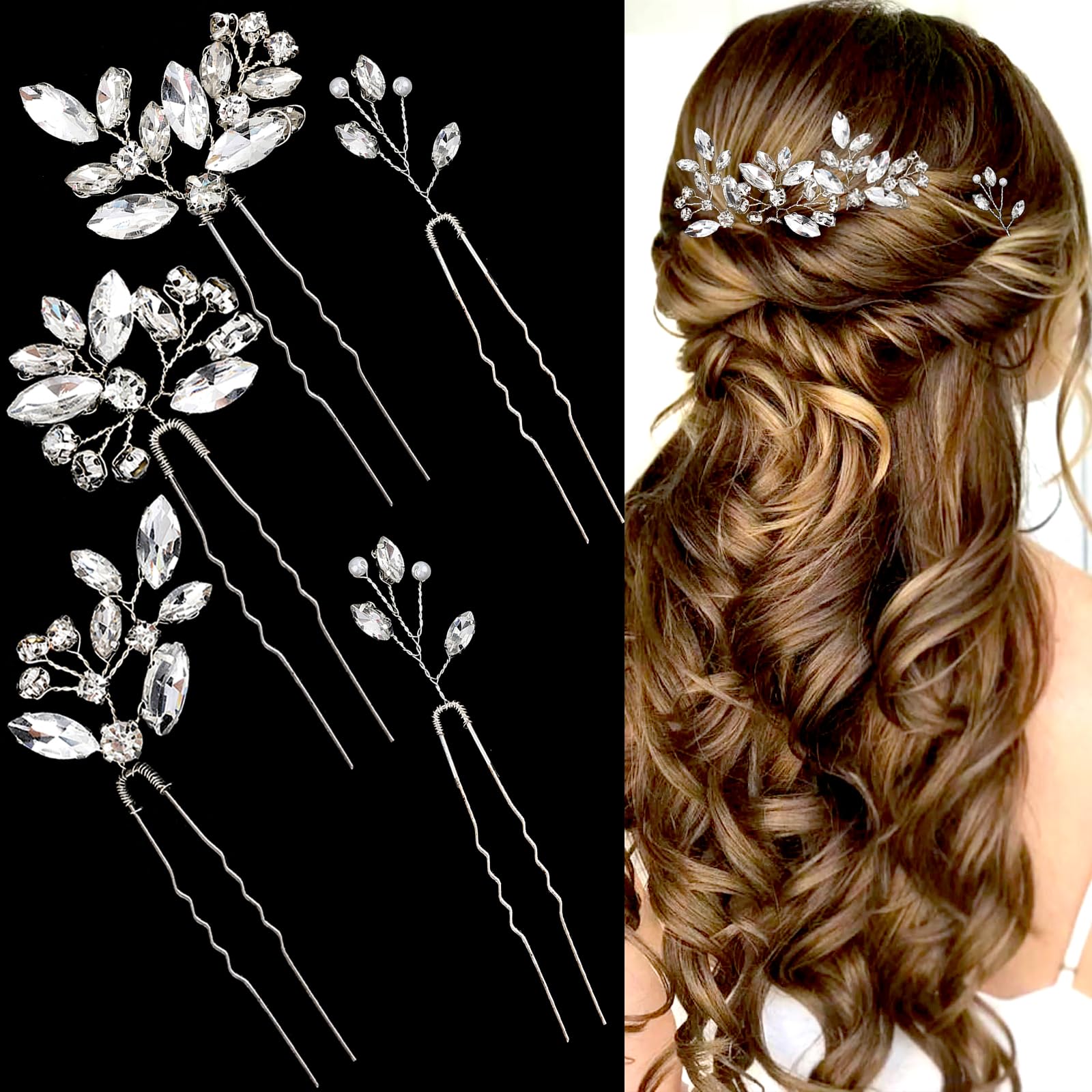 Photo 1 of 5 Pieces Bride Hair Pins Rhinestone Bridal Hair Piece for Women Crystal Hair Accessories for Bride Bridesmaids Flower Girls(Silver)