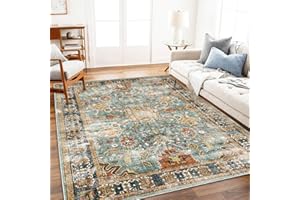 CHAMPLANT Area Rug 6'x9' Washable Vintage Traditional Distressed Thin Retro Kitchen Indoor Floor Cover Non Slip Carpet Floral Print Mat for Living Room Bedroom Dining Room