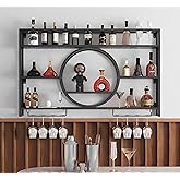 HFTUW 39 Inch Metal Wall Mounted Wine Rack, 3-Tier Bar Shelf with Glass Holder, Modern Large Capacity Liquor Bottle Display Shelf for Home Bar, Dining Room & Kitchen, Black
