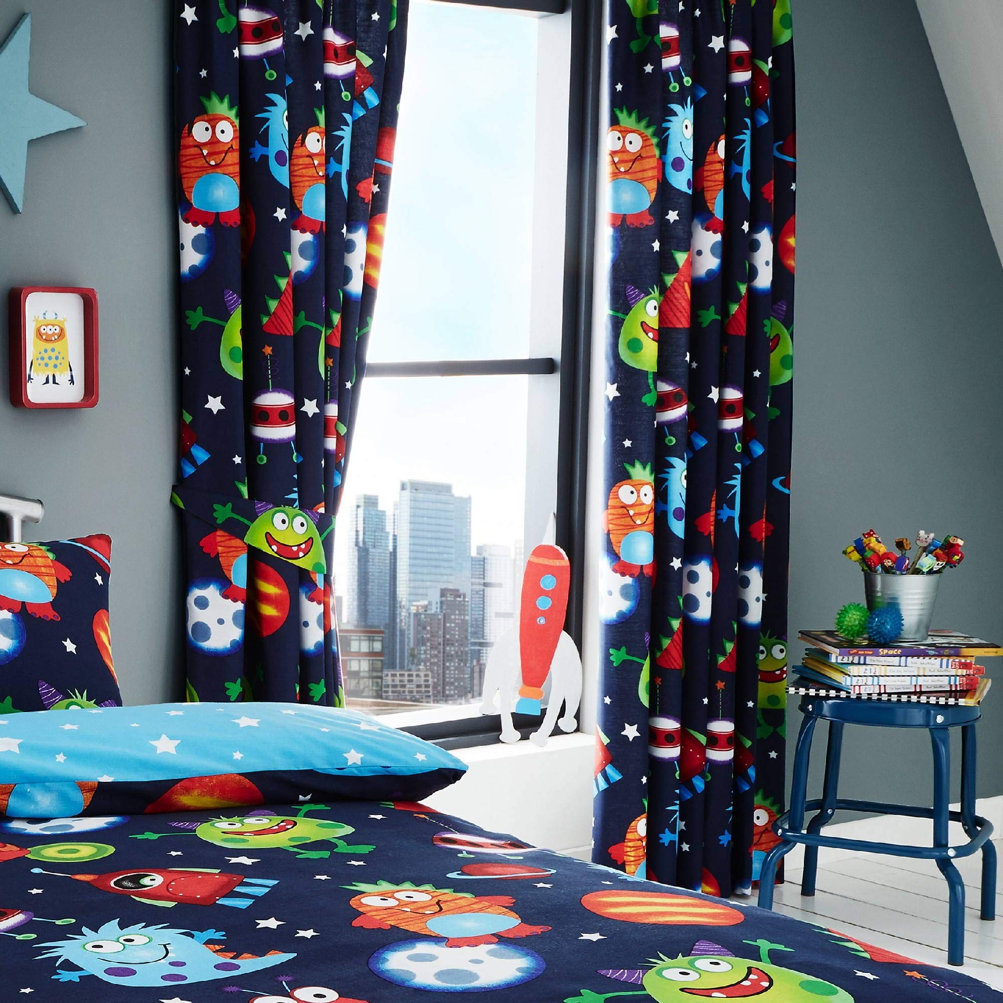 Happy Linen Company Kids Boys Girls Space Monsters Planets Glow In The Dark Blue 66" x 72" Pencil Pleat Curtain Set