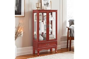CKEASEAN Lighted Curio Cabinet, 52" H Glass Display Cabinet with 3-Tier Adjustable Shelves, China Cabinet with Tempered Glass Doors for Living Room, Light Blub Included (Cherry)