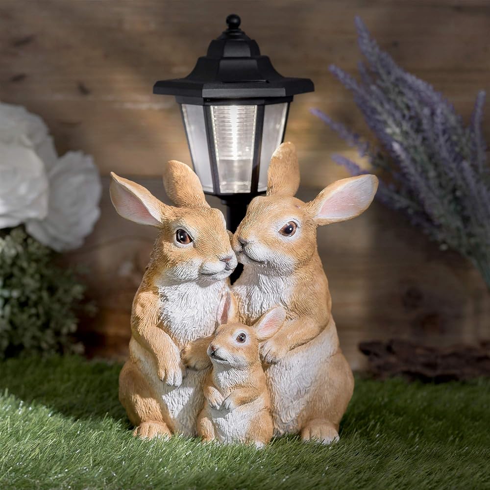GloBrite Solar Rabbit Family with Lantern Post Light Resin Garden Ornaments