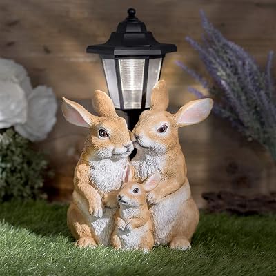 GloBrite Solar Rabbit Family with Lantern Post Light Resin Garden Ornaments