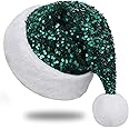 Chisander Sequin Santa Hat for Adults with Shiny Sequin and Fluffy Pompom, Party Hat for New Year Xmas Festival