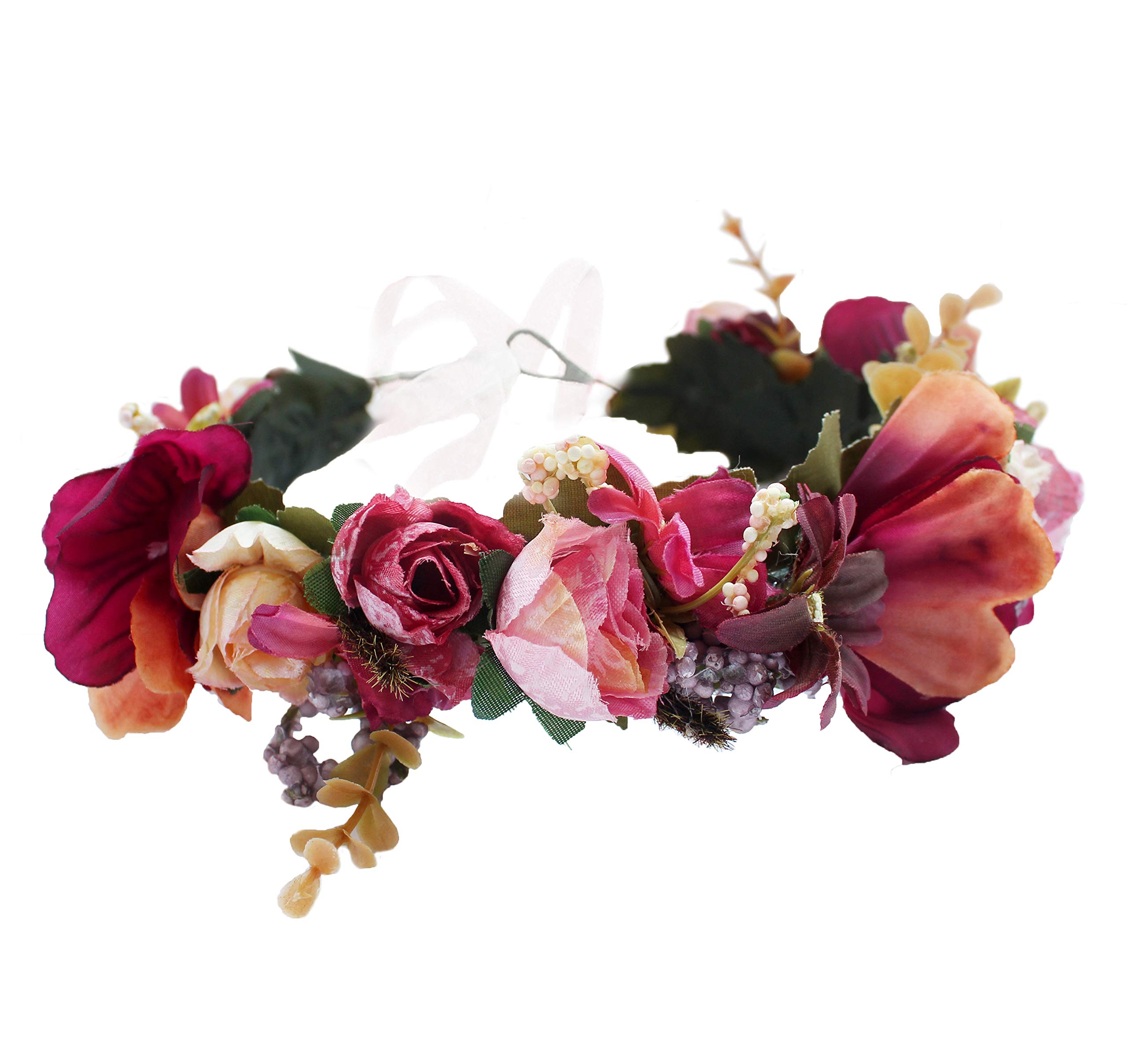 Flower Halo Floral Crown Wreath Flower Garland Headband Hair Wreath Hair Garland Floral Headpiece Boho with Ribbon Wedding Party Festival Red, One Size — image 1