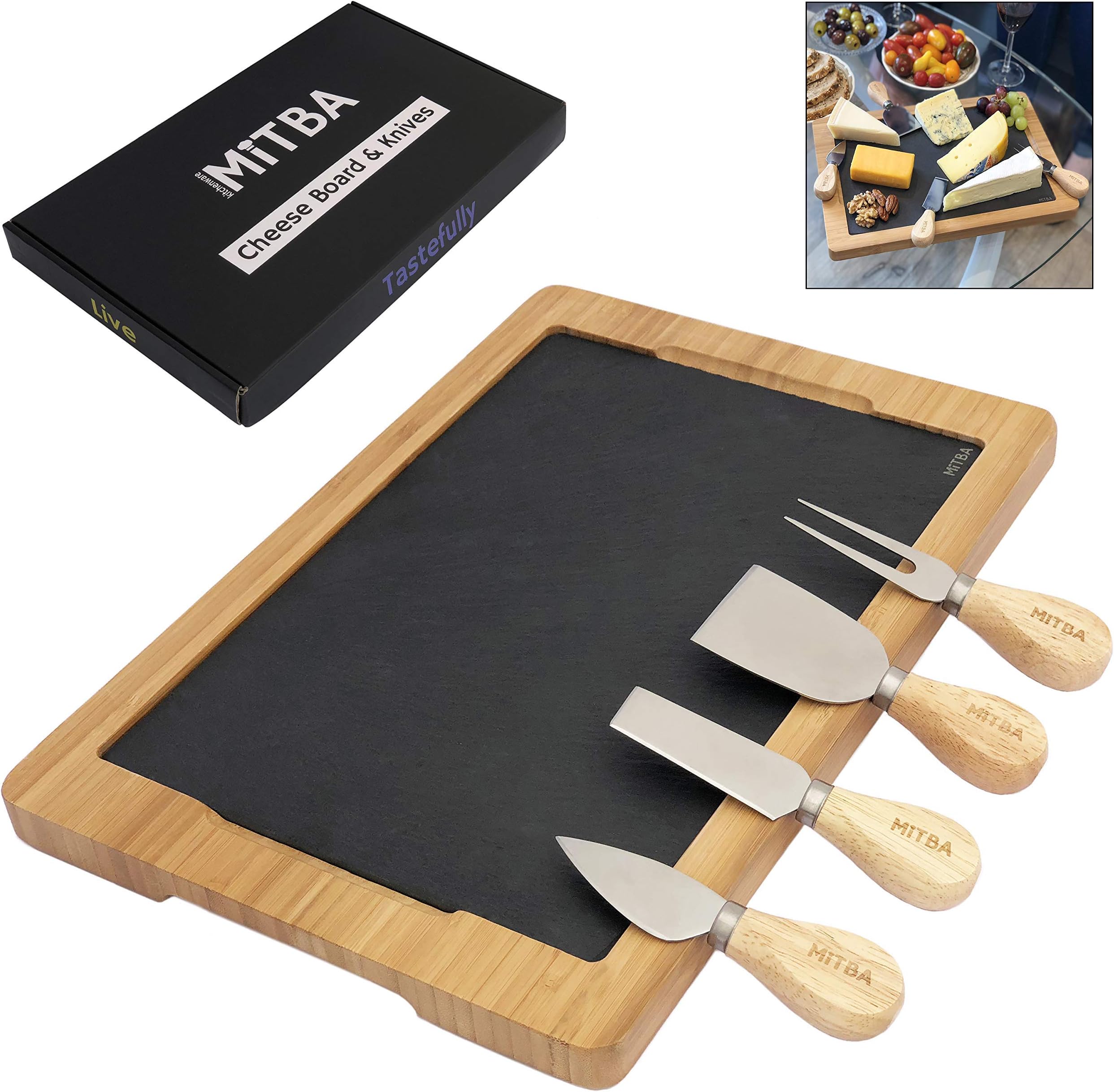 Cheese Board and Cheese Knife Cutlery Set by MiTBA โ Cheese & Charcuterie Serving Tray Made of Natural Bamboo and Slate Stone Platters. Perfect Gift for Anniversary, Housewarming & Birthday Parties.