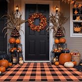 Tinideya 4' x 6' Fall Outdoor Rug, Plaid Buffalo, Orange and Black | Plastic Straw Mat, Waterproof Autumn Front Doormat, Large Patio Deck Mat, Outside Halloween Balcony Porch Holiday Decor