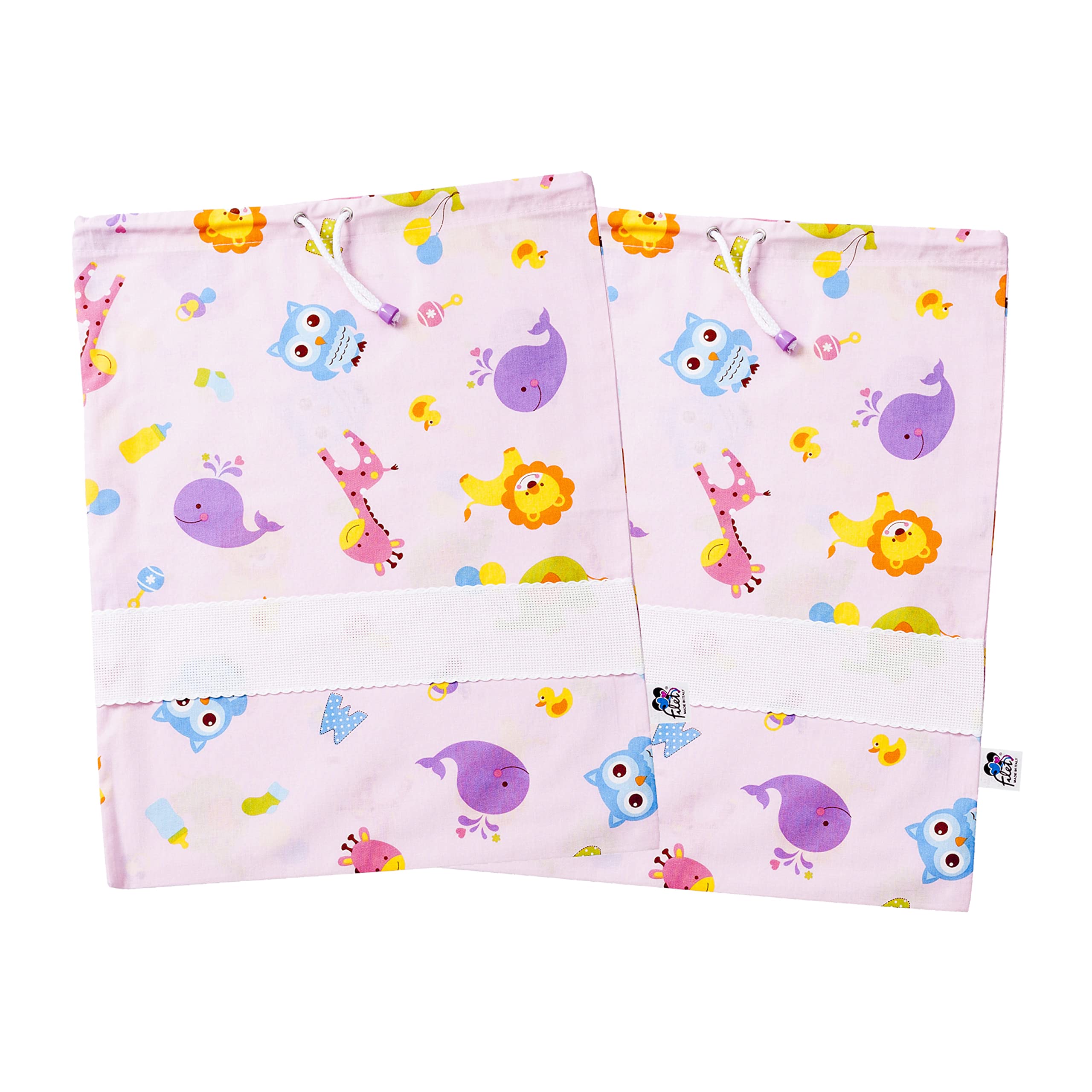 FILET - Set of Two Printed Cotton Nursery Bags, Changing Bags, Layette Bags, Shoe Bags, with Aida Canvas Embroidery, Made in Italy, 42 x 34 cm, Letters and Animals Pattern, Pink