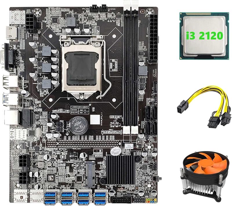 Zunedhys B75 Mining Motherboard 8X PCIe USB i3 2120 CPU LGA1155 Power Cable Fan