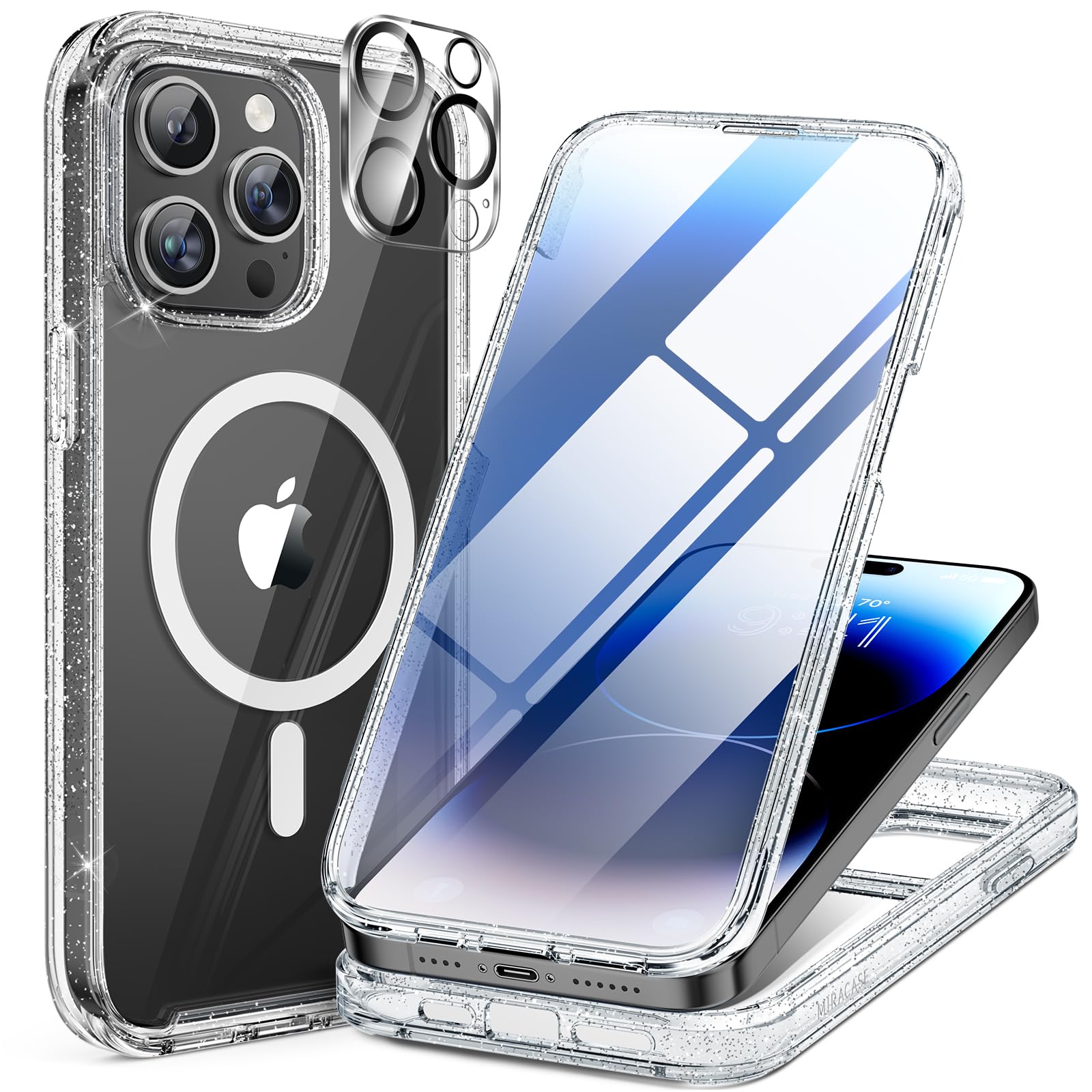 Miracase Magnetic Case for iPhone 15 Pro Max Case 6.7-Inch, Full Body Bumper Case Compatible with MagSafe and Built-in 9H Tempered Glass Screen Protector + Camera Lens Protector (Clear Glitter) — image 1