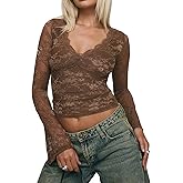 INFITTY Women's Lace Bell Sleeve Crop Tops V-Neck Long Sleeve Shirts Double Lined Slim Fit Blouses Outfits