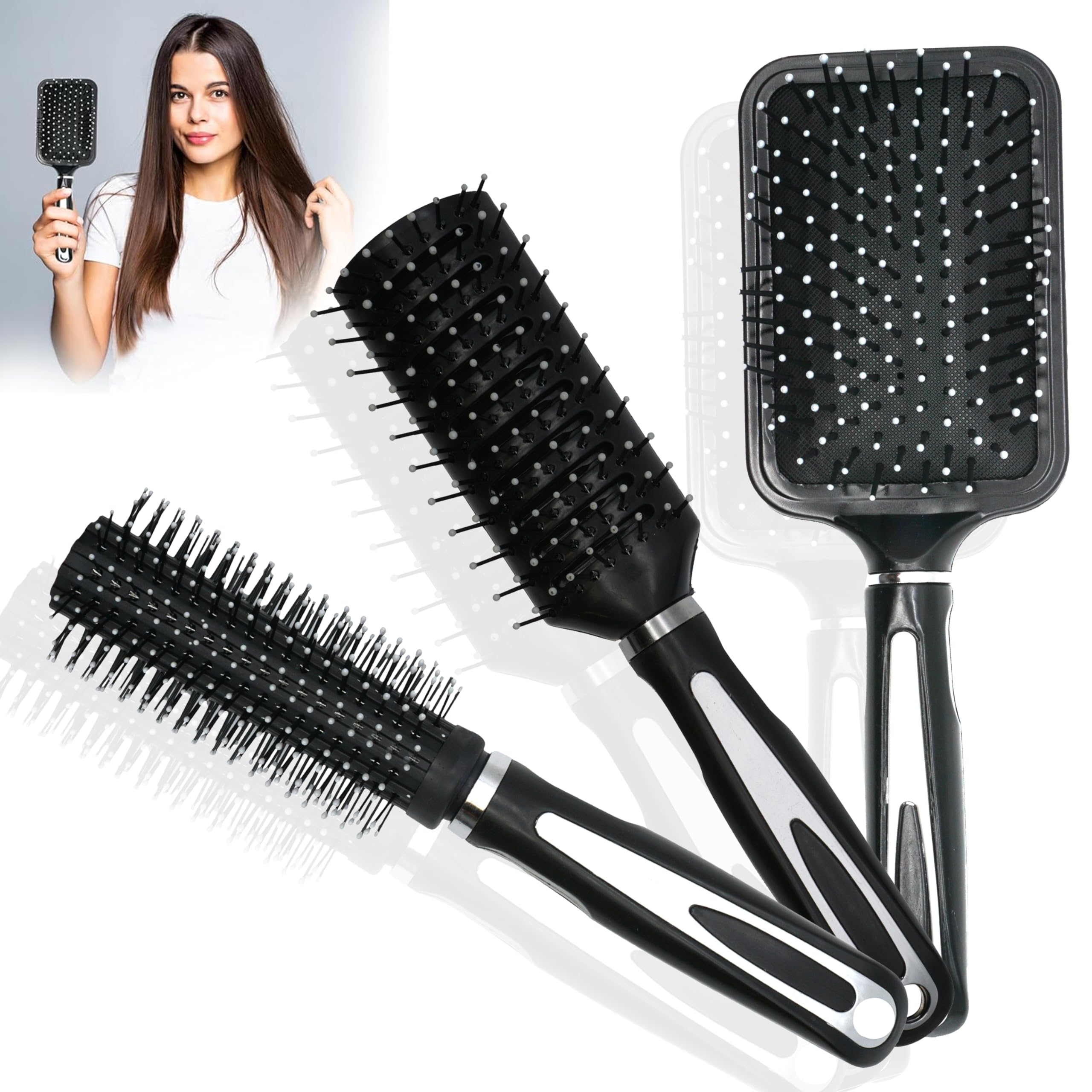 3PCs Hair Brush Set, Anti Static Massage Paddle Brush, Round Brush for Blow Drying, Detangle Hair Brushes, Vent Hair Brush, Hairbrushes for Women for All Hairs