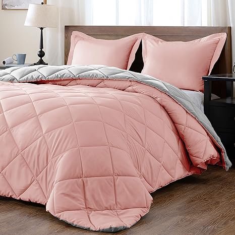 Amazon Com Downluxe Lightweight Solid Comforter Set Queen With 2 Pillow Shams 3 Piece Set Pink And Grey Down Alternative Reversible Comforter Home Kitchen