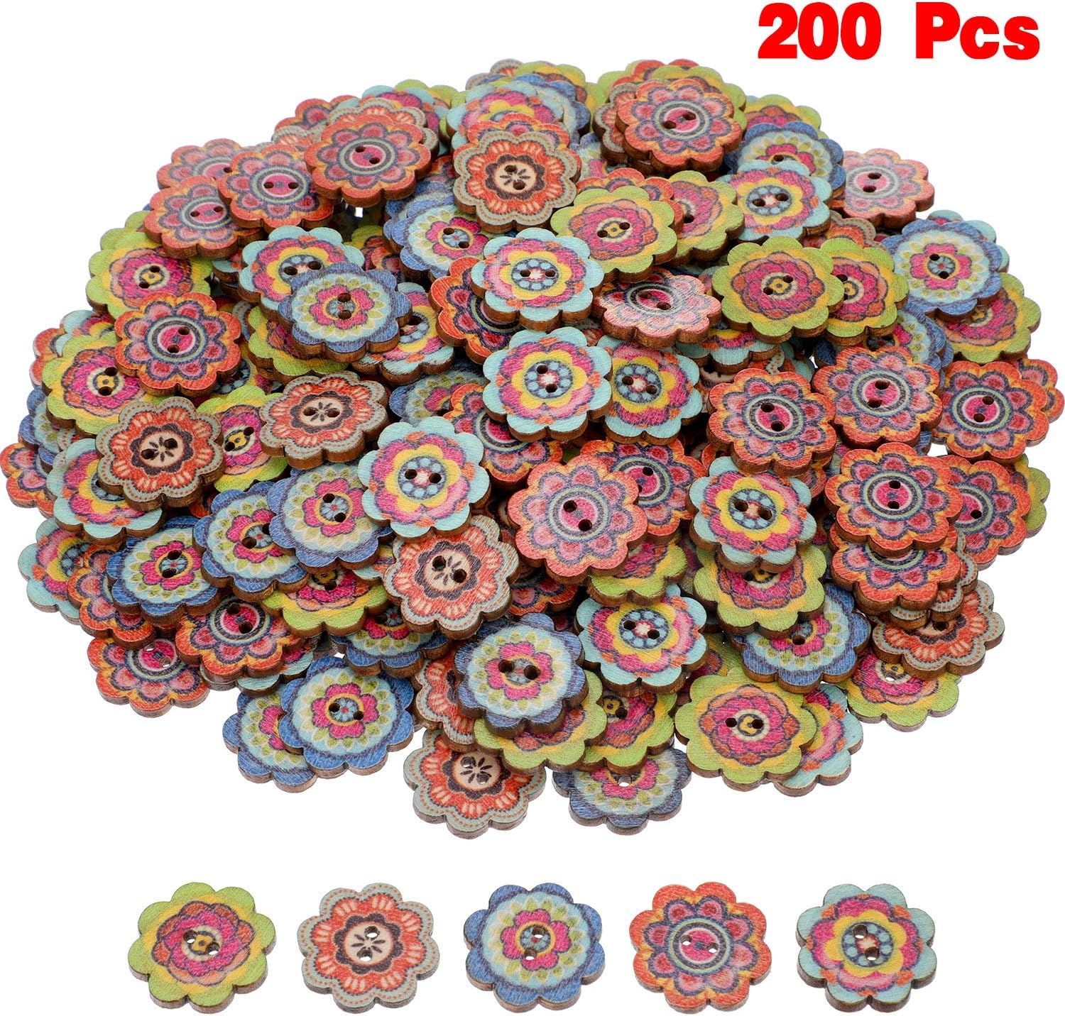200 Pieces Wooden Decorative Buttons Mixed Round Flower Button with 2 Holes for Sewing Crafting (Style 3, 20 mm)