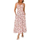 Maggeer Women's Summer Fall Adjustable Spaghetti Strap Ruched Maxi Dress Floral Boho Long Sundress with Pockets
