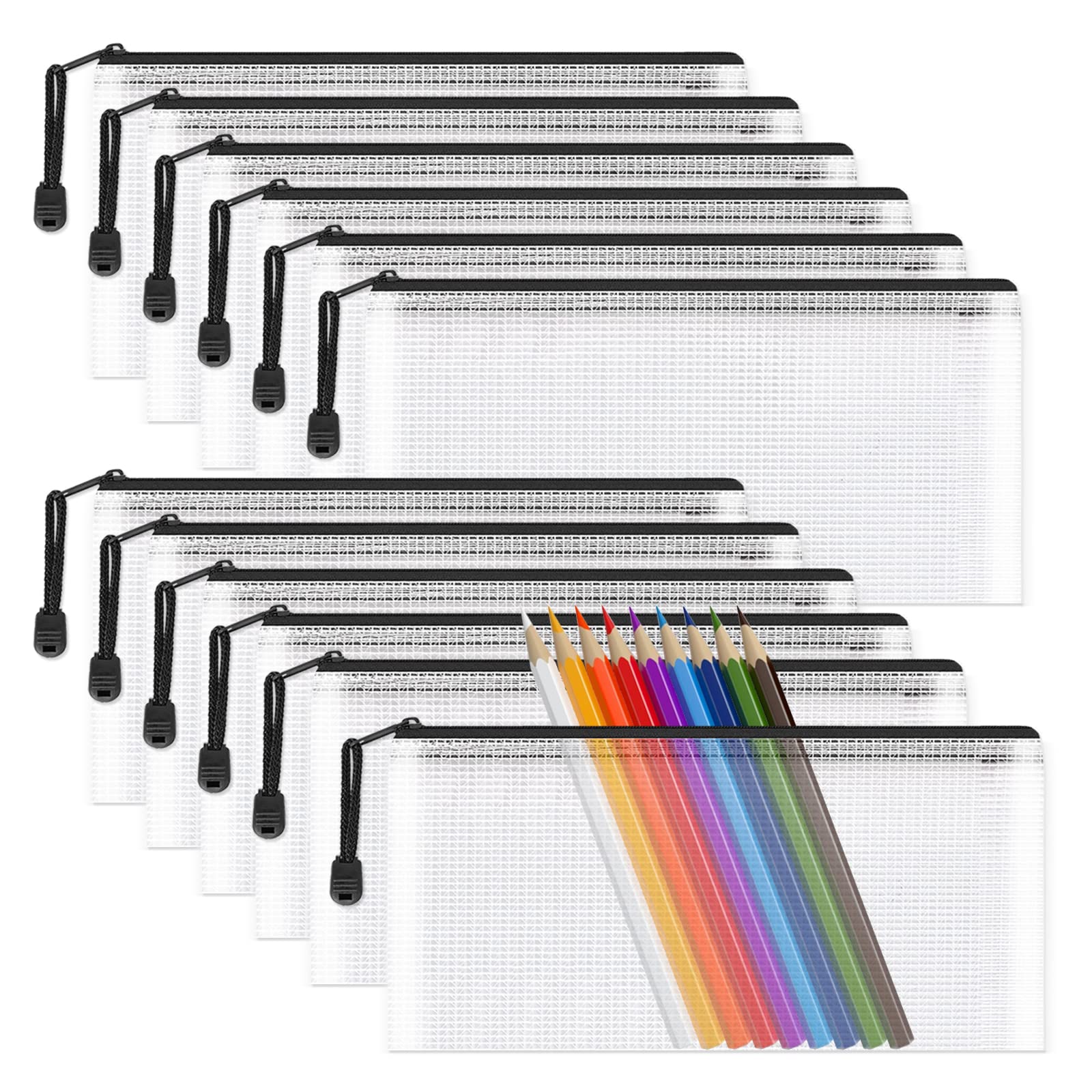 A6 Mesh Pencil Pouch Zipper File Bags, 12PCS Clear Pencil Case Plastic Wallets Folders Waterproof Storage Pouch for School Supplies, Bills, Cosmetics, Stationery and Travel Accessories,Black