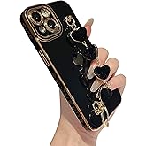 Caseative for iPhone 14 Case,Cute Plating Love Heart Wrist Strap Chain Bracelet Phone Case (Black)