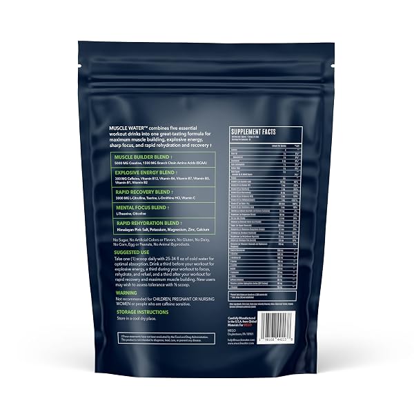 MUSCLE WATER PRE WORKOUT POWDER | MUSCLE + PUMP + ENERGY | 20+ SUPPLEMENTS, 0 TUBS | 5G CREATINE + 300MG CAFFEINE | SUGAR-FREE | GREEN APPLE | 30 SERVINGS