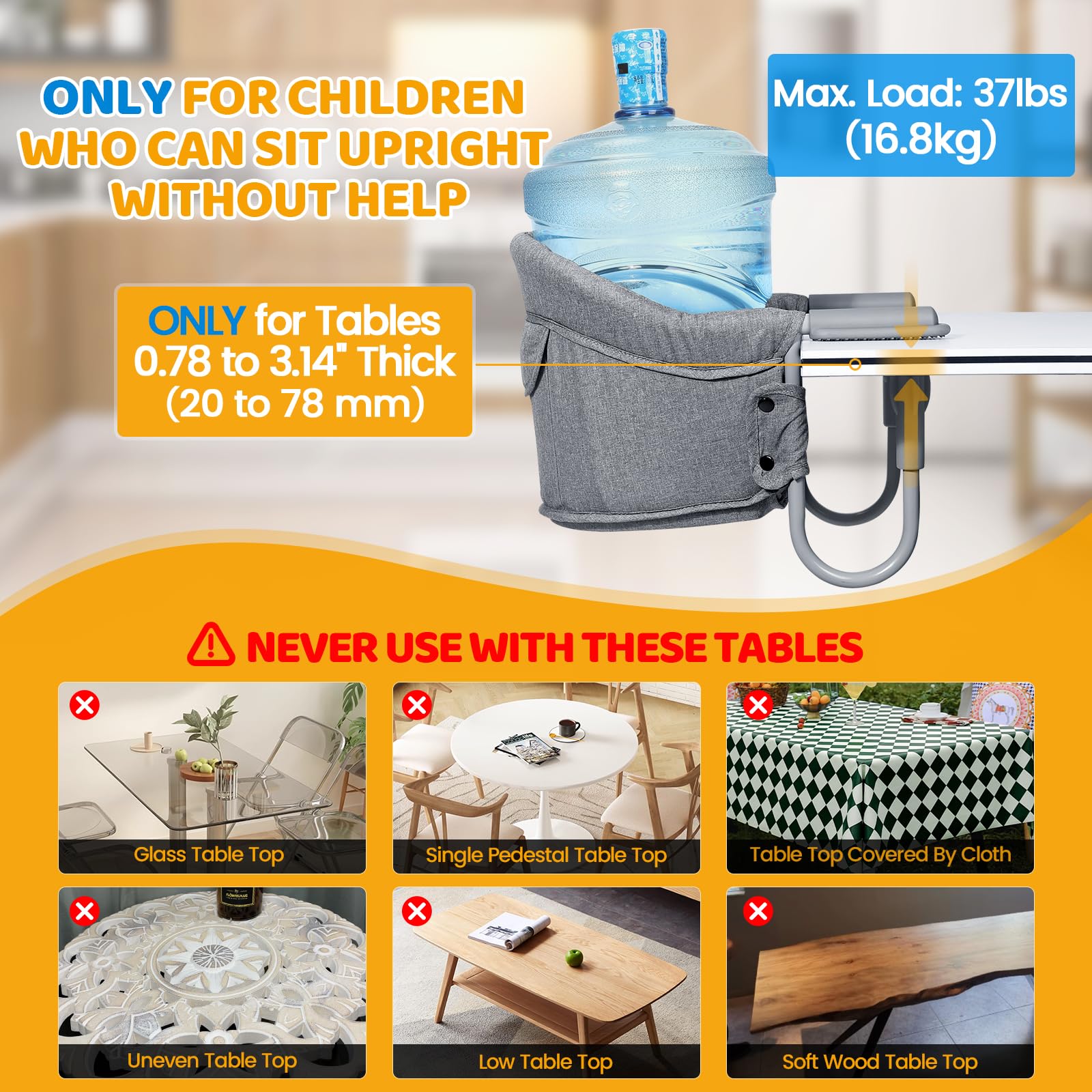 Orzbow Hook On High Chair, Portable Table Highchair Seat for Babies & Toddlers 6-36 Months, Collapsible Clip On Counter High Chair with Carry Bag for Travel, Home and Restaurant, Easy Clean, Gray
