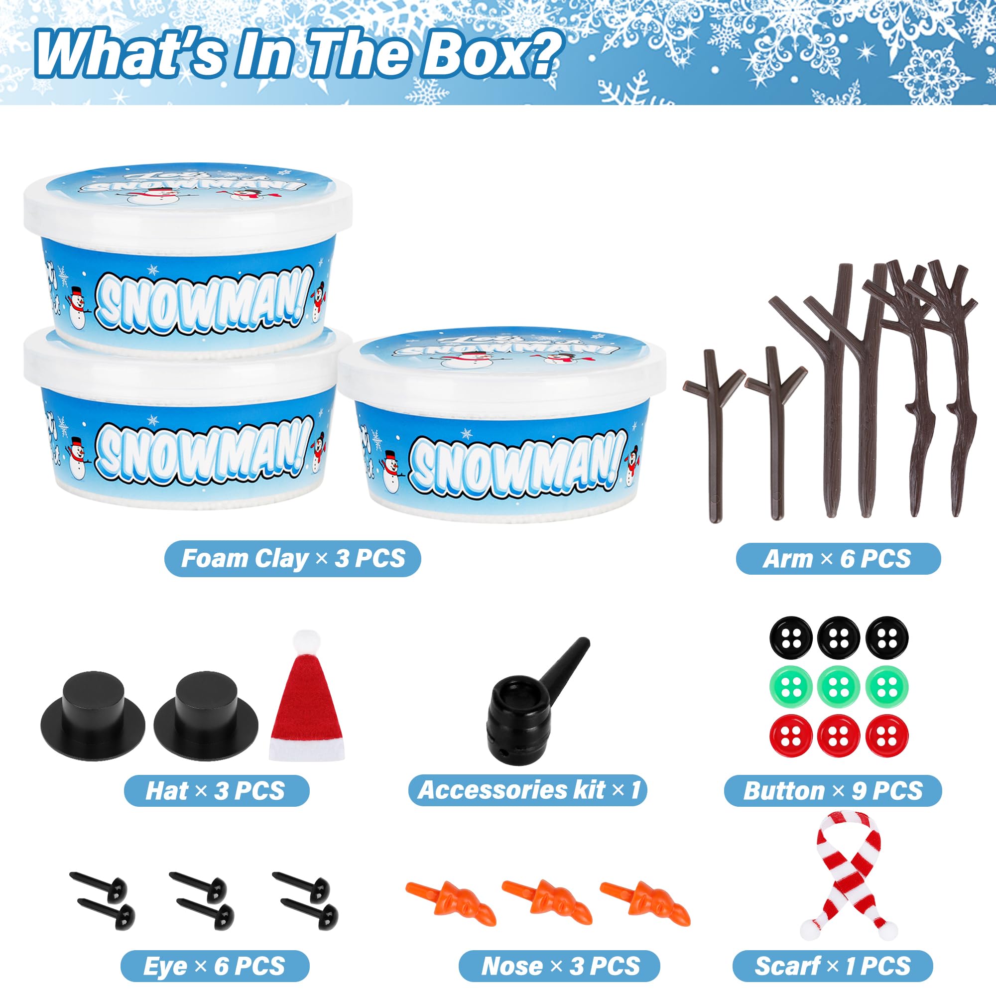Christmas Craft Snowman Kit, 3 Pack DIY Snowman Craft Kit for Kids, Build a Snowman Indoor Decor, Creative Kids Air Dry Modeling Clay, Xmas Activities Christmas Making Kit for Toys Favors